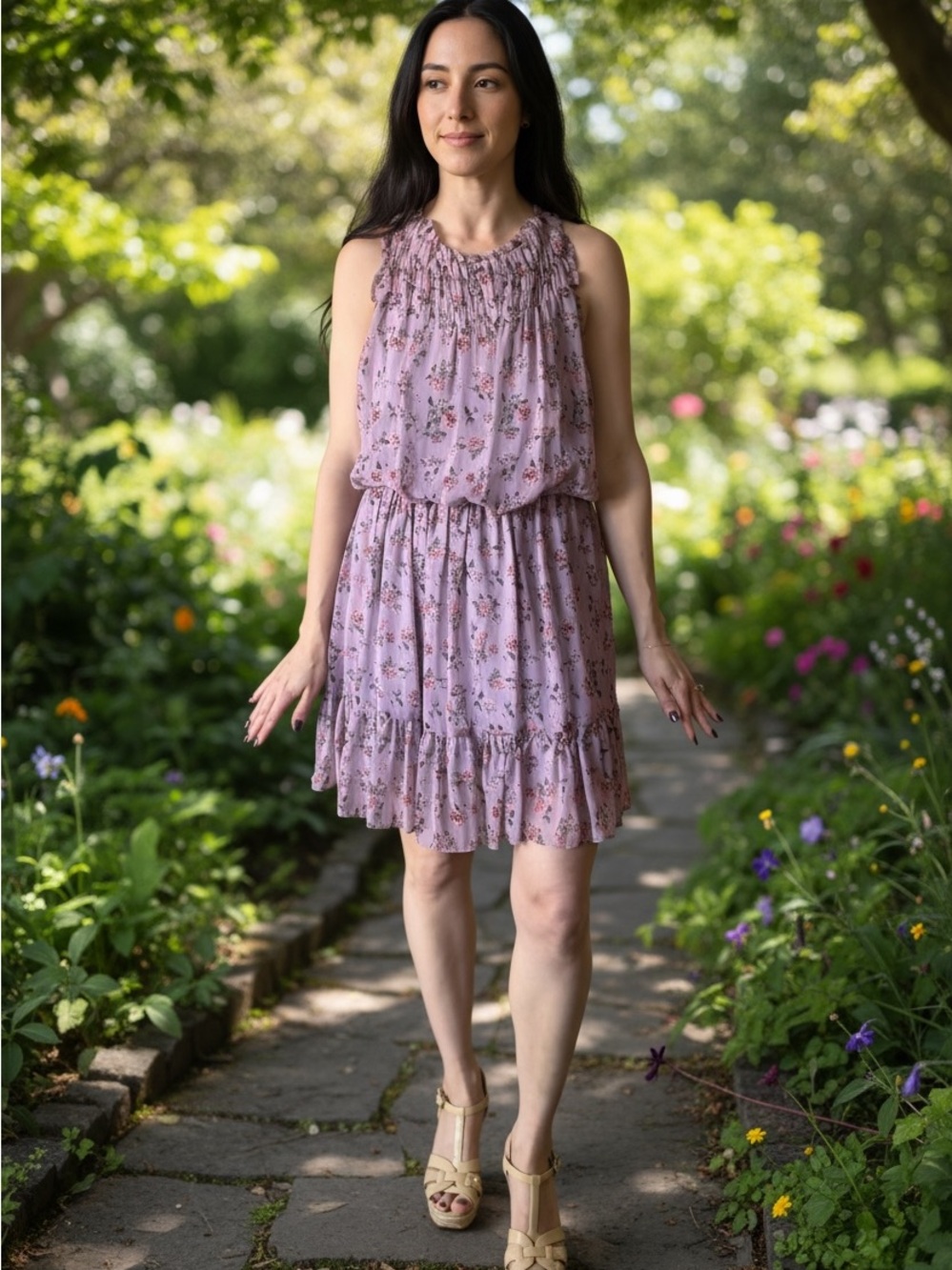 Zara Floral Backless Mini Dress with Ruffle Hem - Medium